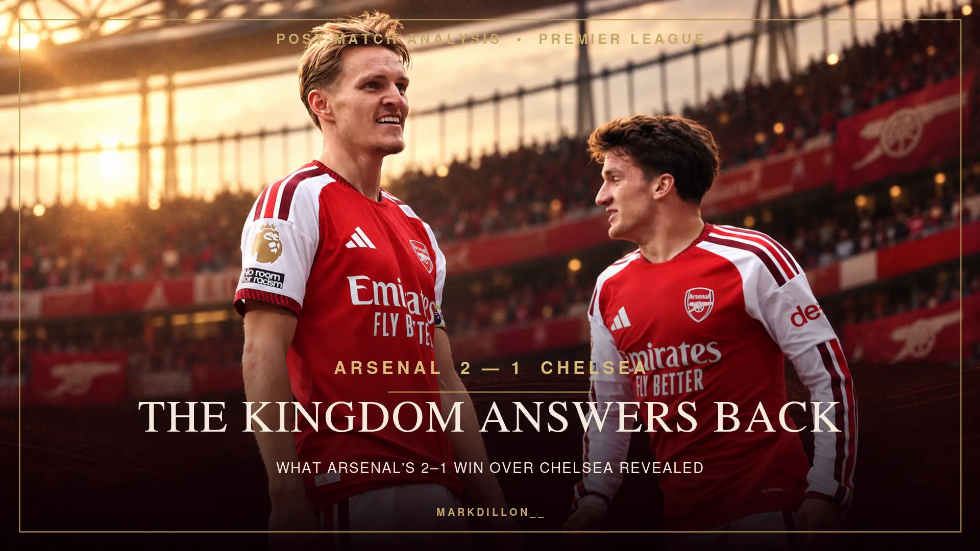 Martin Ødegaard and Christos Tzolis following Arsenal’s 2–1 Premier League victory over Chelsea at the Emirates Stadium.